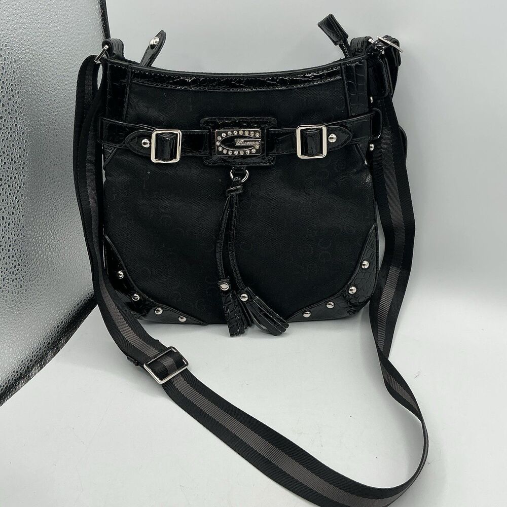 Gussaci Black Monogram Crossbody Bag Patent Faux Croc Studded Purse